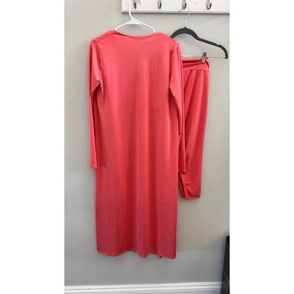 Fashion Nova 3 Piece Cardigan Skirt Set Coral Size Small Crop Top Bodycon - Picture 11 of 12